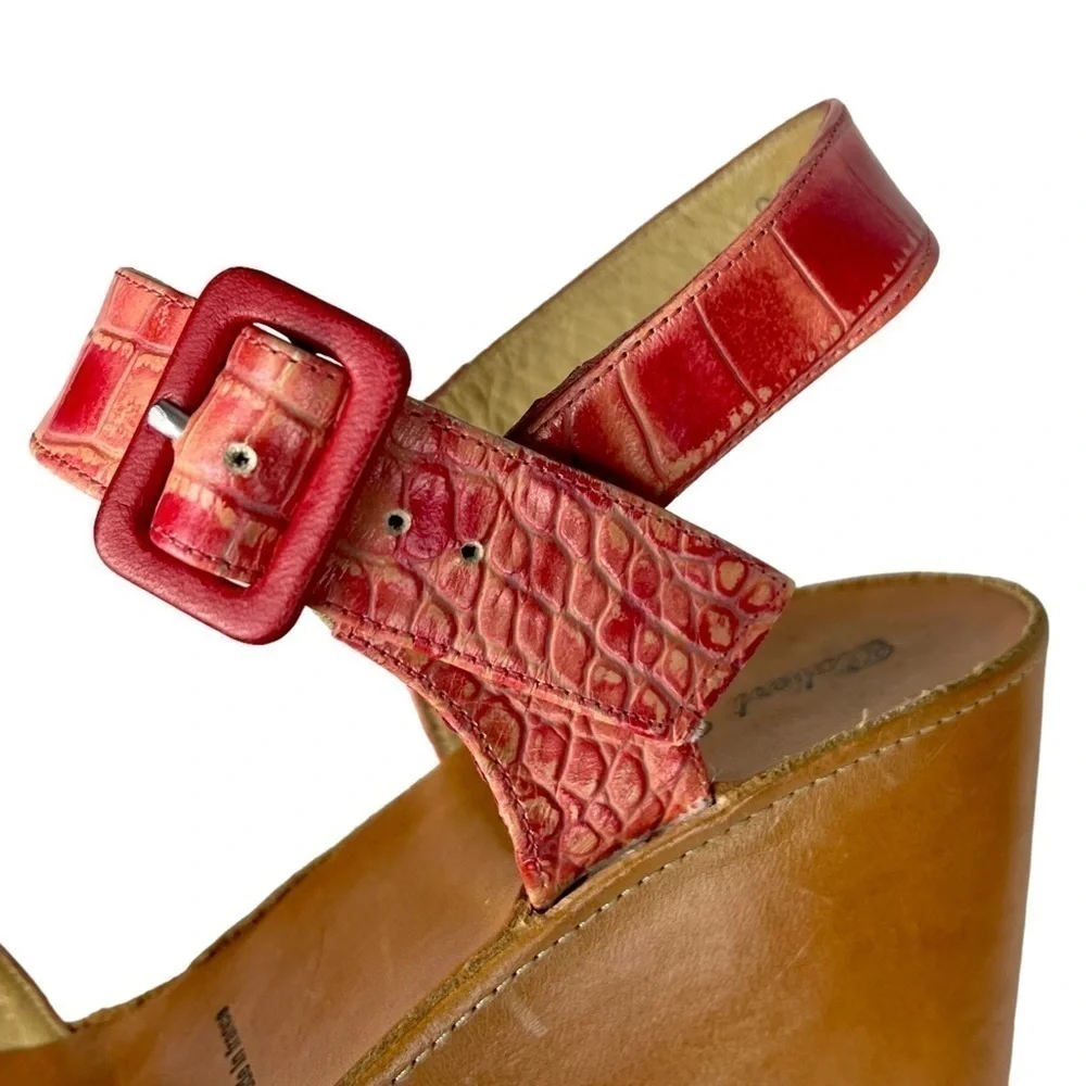 ROBERT CLERGERIE CORAL RED CROCODILE STAMPED PLATFORM WEDGE SANDALS